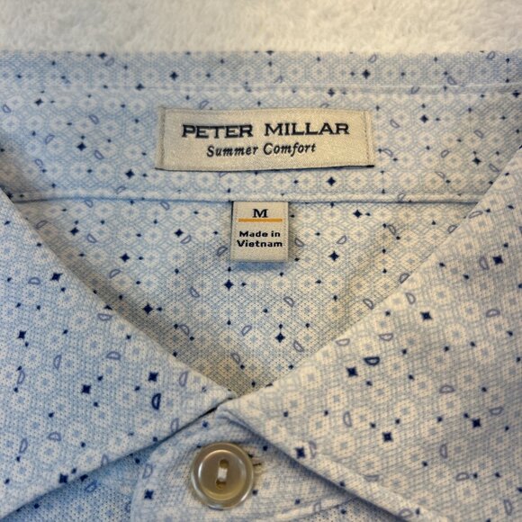 Peter Millar Summer Comfort Tailored Golf Shirt 3 Button Polo Blue Print SZ Med - Picture 2 of 8